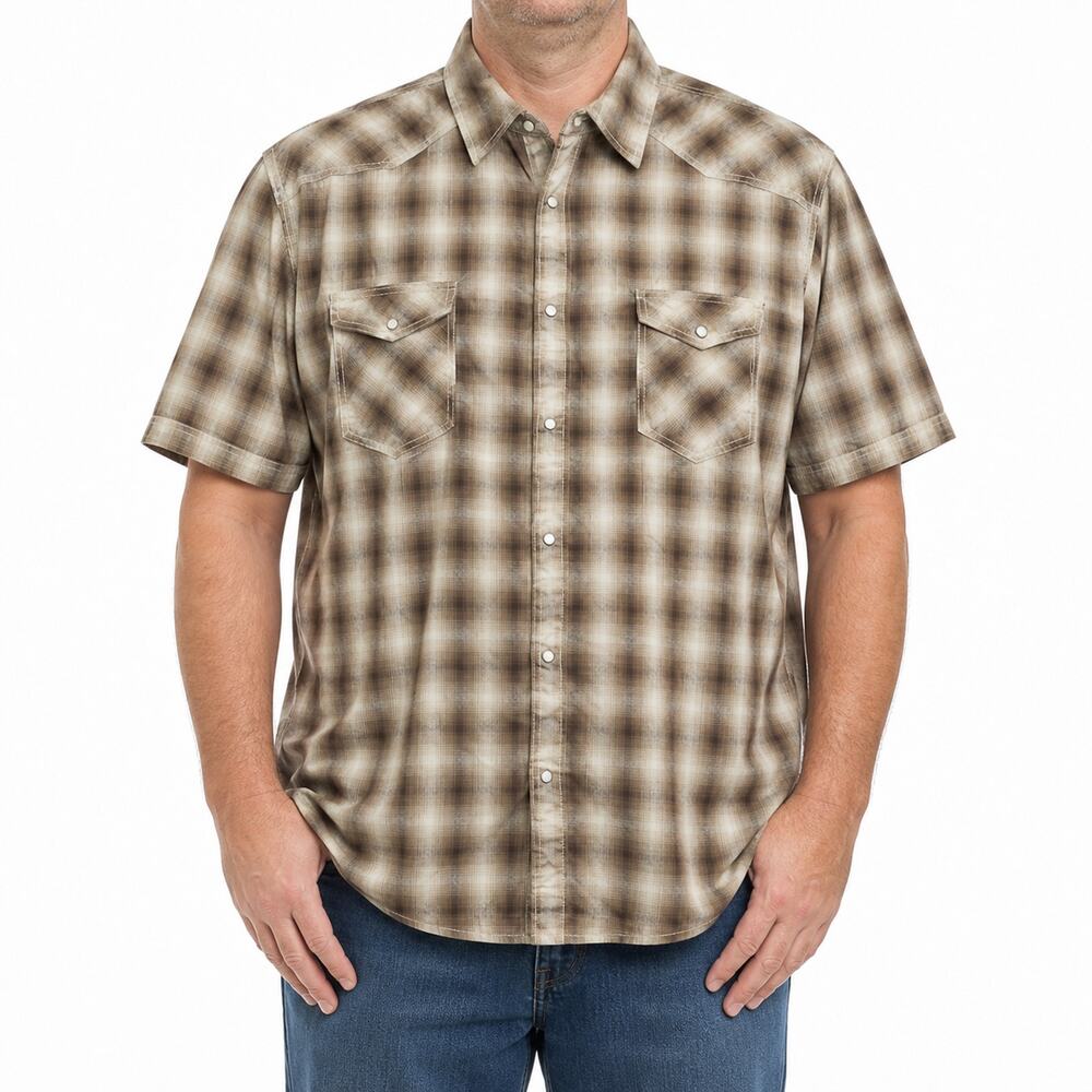 JF J. Ferrar Shirt Mens 3XL Brown Plaid Western Pearl Snap Short Sleeve Cotton